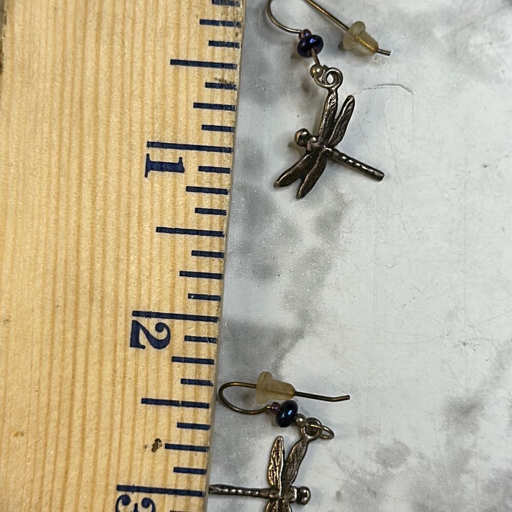 delicate dragonfly drip earrings, Silver stamped, with blue / purple bead accent - Picture 8 of 10